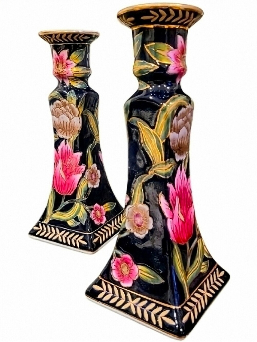 Pair of Vintage Chinoiserie Style Handpainted Ceramic Taper Candlestick Holders